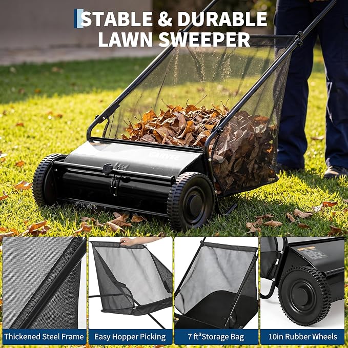 Push Lawn Sweeper 26Inch-Heavy Duty Walk Behind Leaf Collector and Yard Sweeper for Outdoor,Patio,Driveway,Garden Grass Sweepers,4 High Speed Spinning Brush,7 Cu. ft. Hopper Capacity | Yard Sweeper for Outdoor,Patio,Driveway,Garden Grass Sweepers,4 Hig...