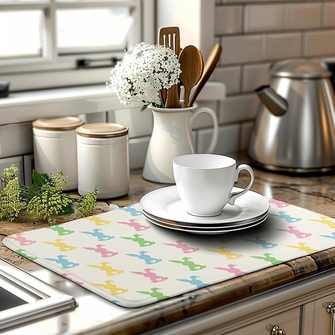 Easter Bunny Dish Drying Mat Colorful Cute Rabbits Kitchen Drying Mat Spring Microfiber Dish Dryer Pad Absorbent Reversible Dish Drainer Rack Mat Washable Dish Mat for Kitchen Countertop 18x24 Inch