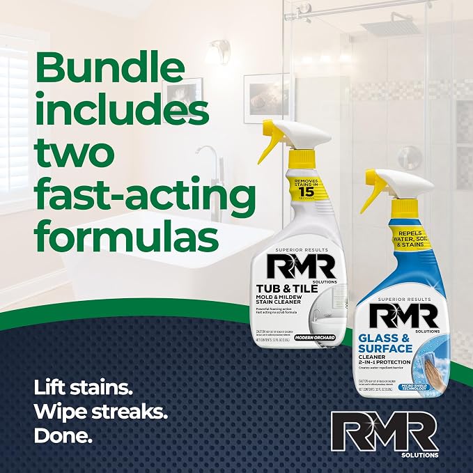 RMR Flawless Finish Bathroom Bundle – Tub & Tile Cleaner + Glass & Surface Cleaner Plus Repellent, 2-Step System for Shower, Tub, Tile, Grout, Glass Doors, & Mirrors, 2–32 Oz Bottles