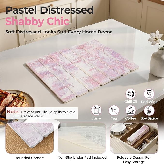 Findosom Stone Dish Drying Mat for Kitchen Counter, 15.7" × 11.8" Foldable Non-Slip Stone Drying Mat with Abstract Pattern, Heat Resistant Diatomaceous Earth Mat for Bath, Dishes, Cups, Pink