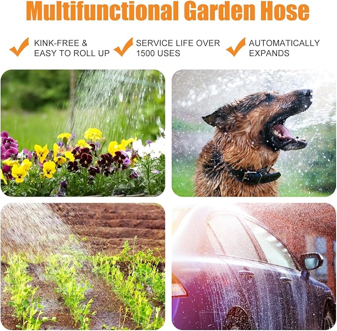 Garden Hose 50ft Heavy Duty Water Hose with 10 Function Spray Nozzle, Flexible and Durable, Lightweight Rubber Hybrid Hose, Leak-Free Connections, Male to Female Brass Fittings for Garden, Lawn, Yard