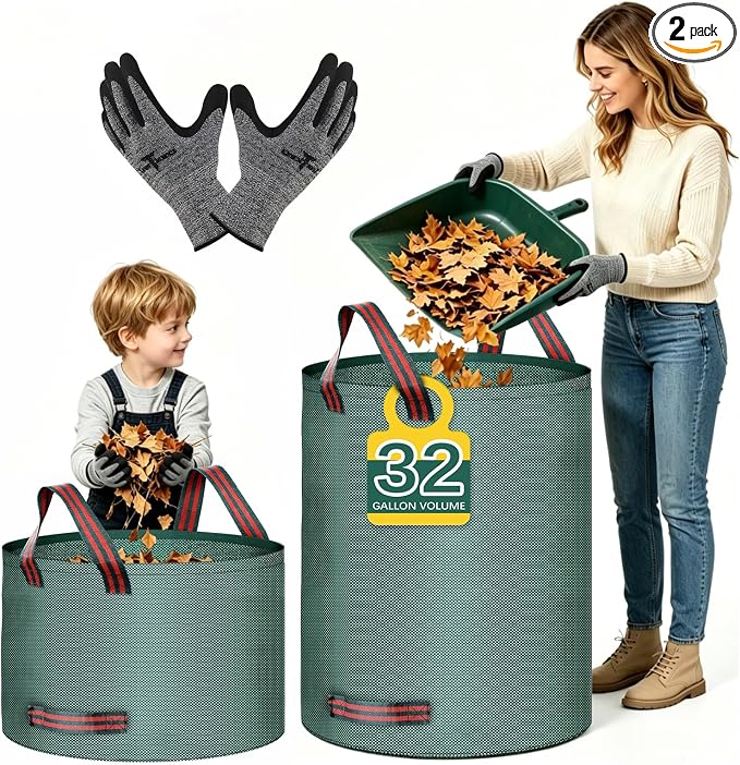 2 Pack Leaf Bags and Gloves Reusable Yard Bag Garden Bags for Cleaning Leaves, Outdoor Litter, and Camping Gear, or for Moving (32 gallons + 13 gallons + 1 Pair of Gloves)