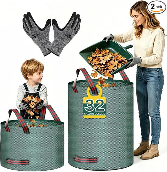 2 Pack Leaf Bags and Gloves Reusable Yard Bag Garden Bags for Cleaning Leaves, Outdoor Litter, and Camping Gear, or for Moving (32 gallons + 13 gallons + 1 Pair of Gloves)