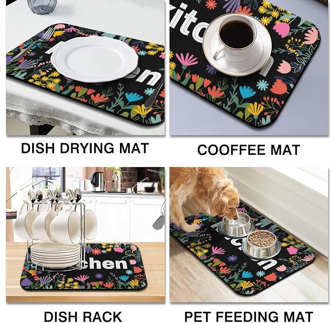 Dish Drying Mat 2-Pack in Floral Garden for Kitchen Counter Dishes Mat | Diatom Mud Mats (18x24, 19.5x12"). Non-slip rubber back for kitchen counter, coffee bar & sink scenes