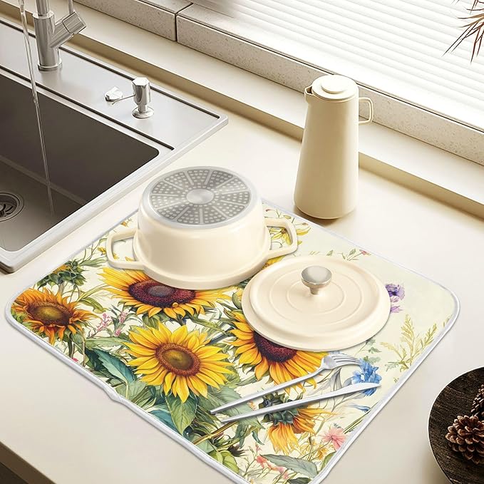 Blooming Sunflowers Dish Drying Mat for Kitchen Counter Absorbent Microfiber Large Drying Pad Dish Mats for Kitchen Countertops 18 x 24 Inch