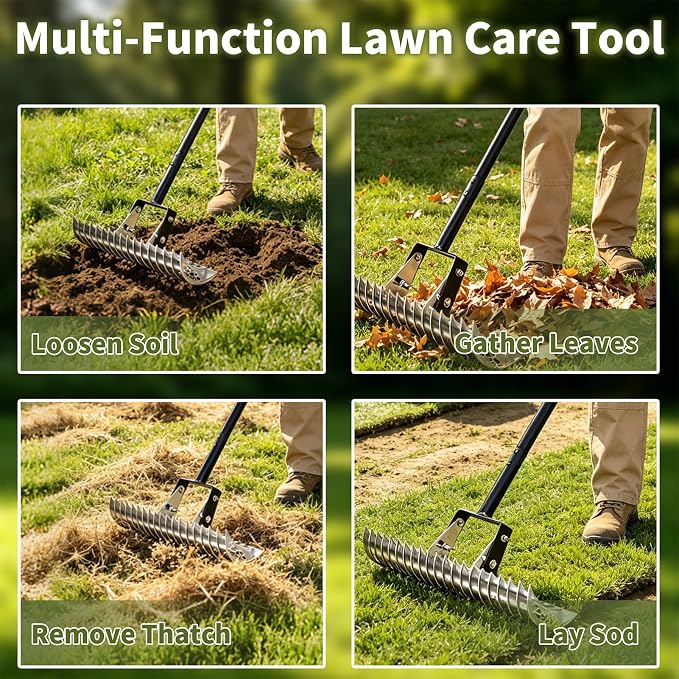 Dethatcher Rake 15-Inch Lawn Thatching Rake,19-Tine Heavy-Duty Steel Dethatching Rake with Adjustable Head&Long Handle,Durable Thatch Rake for Removing Dead Grass,Moss&Lawn Debris