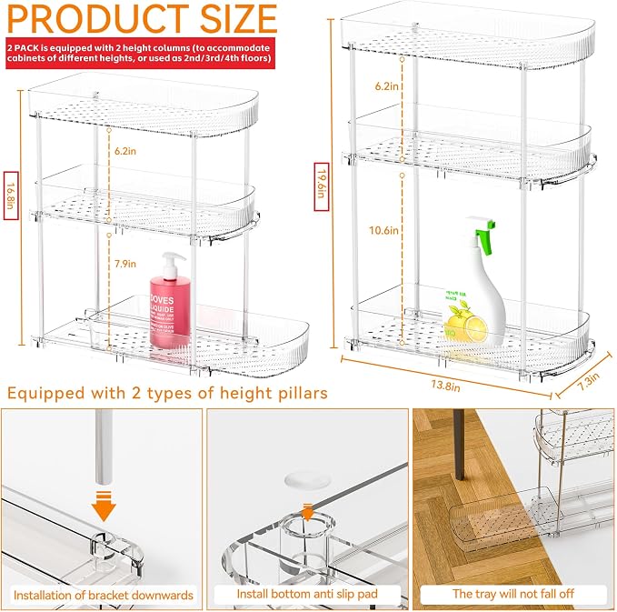 2 Pack 3 Tier Large Pull Out Bathroom Organizers and Storage,13.8″ Deep Sliding Kitchen Under Sink Organizer for Cleaning Products Storage,Acrylic Clear Bathroom inder Sink Organizer,Undersink Storage