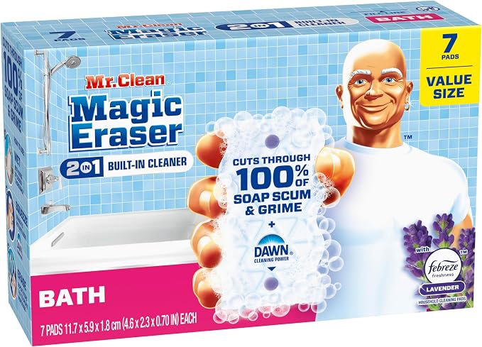 Mr. Clean Magic Eraser Sponge, Bathroom Cleaner, Shower Cleaner, Tub Cleaner, Soap Scum Remover, Bathroom Cleaning Supplies, Dawn Cleaning Power with Febreze Lavender Scent, 2 in 1 Bath, 7ct