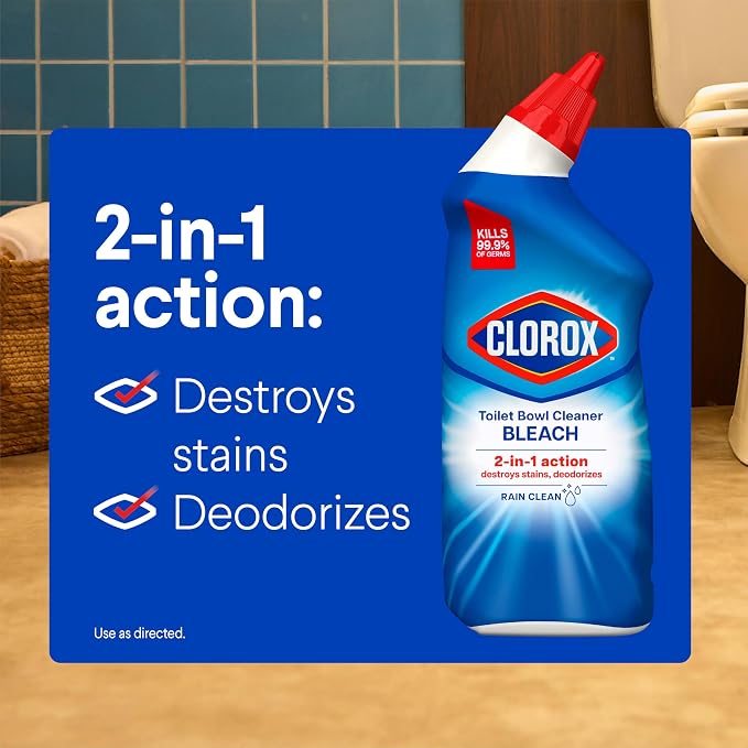 Clorox Toilet Bowl Cleaner with Bleach, Rain Clean Scent, Kills 99.9% of Germs, Removes Toilet Rings and Mold Stains, 24 fl oz, Pack of 2