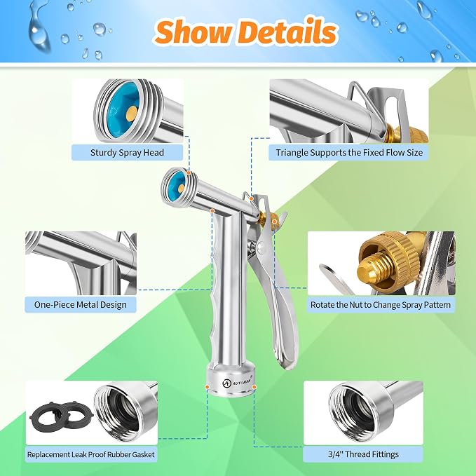 AUTOMAN Full Size Garden Hose Nozzle, 2 Pack High Pressure Pistol Grip Water Nozzle Sprayer with Threaded Front, Adjustable Spray Water Flow for Washing Car, Cleaning Ground, Watering Plants