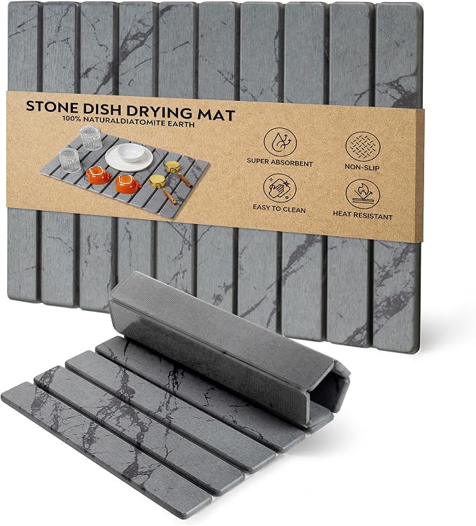 Stone Drying Mat for Kitchen Counter, Quick Diatomaceous Earth Mats for Dishes, Super Absorbent Fast Drying Collapsible Countertop Stone Mat , for Dishes Bottles Cups Bathroom ,24"(L)×16 (W)