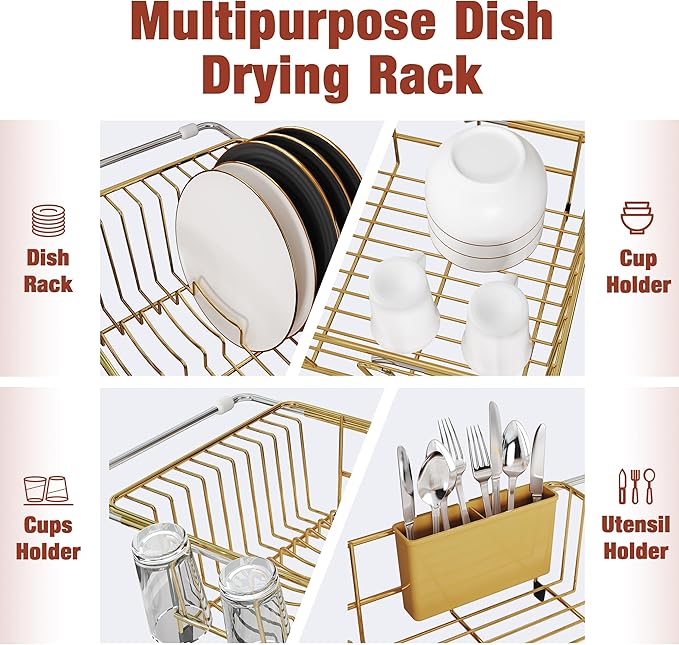 JASIWAY Gold Dish Drying Rack in Sink with Mat, Expandable Stainless Steel Dish Drainers for Kitchen Counter, Space Saving Dish Dryer for Inside Sink, Over Sink Dish Racks with Utensil Holder