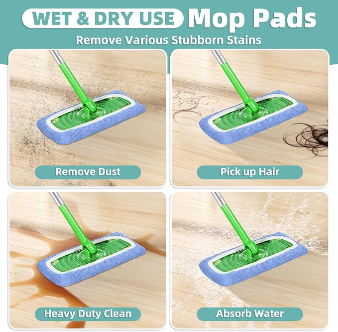 Reusable Mop Pads Compatible with Swiffer Sweeper Mop, Microfiber Dry Sweeping Cloths & Machine Washable Wet Pads Refill for Use on All Sealed Floors - Stone, Hardwood, Laminate & Tile (3 Blue)