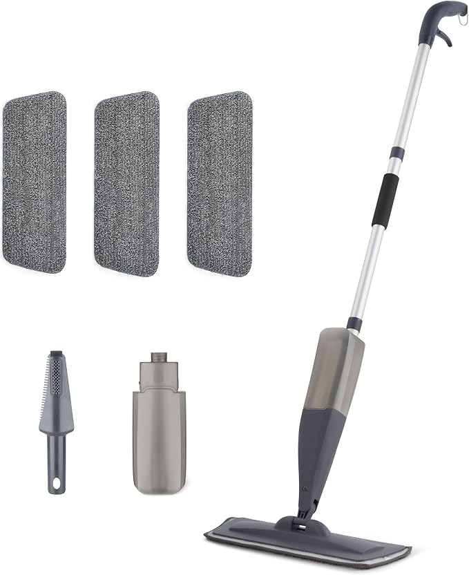 Amazon Basics Dry and Wet Floor Spray Mop, 360-Degree Swivel Spray Mop for Hardwood, Tile, Laminate, Vinyl Floor Cleaning with 16.9 oz Refillable Tank, 49-inch, 3-Pack Washable Microfiber Pads