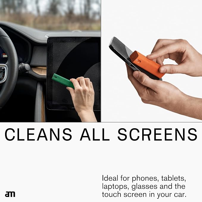 am Mist Screen Cleaner Spray with Microfiber Cloth – Alcohol-Free, Green | Mist screen cleaner with integrated microfiber cloth for phones, tablets, laptops, TVs and car displays.