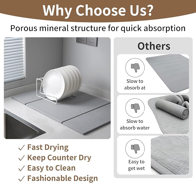 Foldable Stone Dish Drying Mat for Kitchen Counter, Diatomaceous Earth Drying Mat with Non-Slip Backing, Heat Resistant Multifunctional Mat for Kitchen & Bathroom, Instant water absorption-(24"×16")