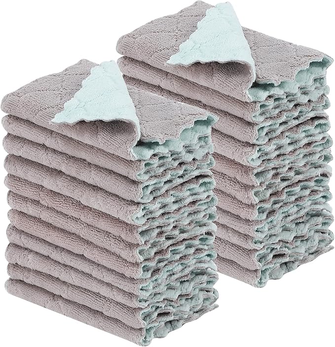 Rachan 22Pack Kitchen Dish Cloths,Reusable Dish Towels,Nonstick Oil Washable Fast Drying,Super Absorbent Coral Velvet Cleaning Cloths for Cleaning Tableware,Kitchen,Bathroom (Green-grey10 x 6")