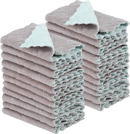 Rachan 22Pack Kitchen Dish Cloths,Reusable Dish Towels,Nonstick Oil Washable Fast Drying,Super Absorbent Coral Velvet Cleaning Cloths for Cleaning Tableware,Kitchen,Bathroom (Green-grey10 x 6")