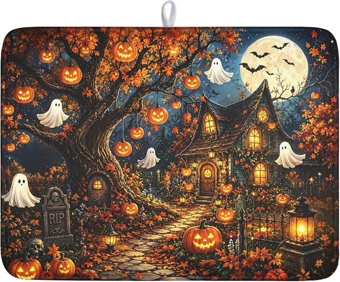 Halloween Dish Drying Mat for Kitchen Counter Seasonal Holiday Fall Spooky Pumpkin Ghost Microfiber Dish Drainer Mat Vintage Rustic Absorbent Washable Drying Pad 18"x24"