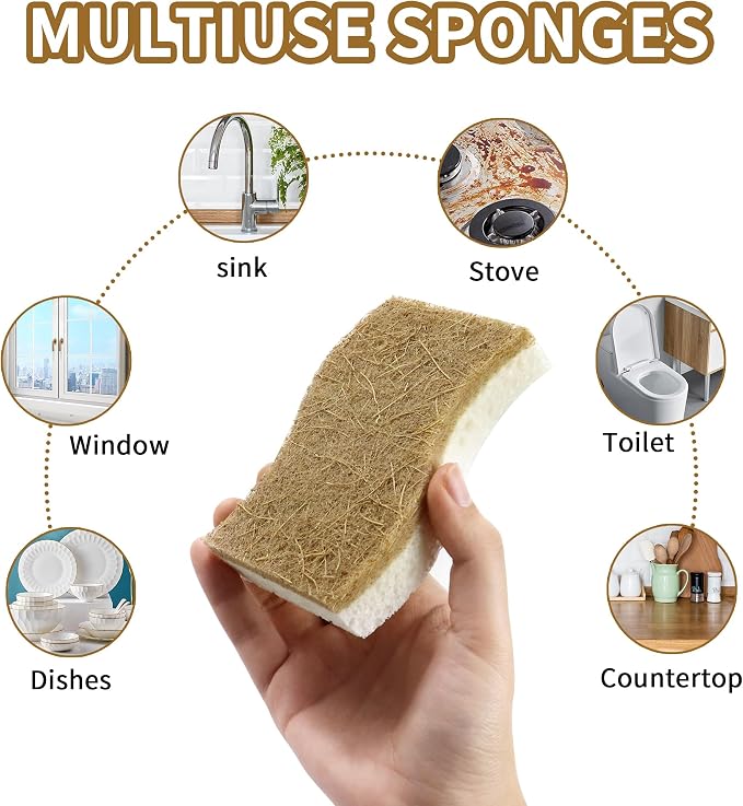 Natural Kitchen Sponges, Biodegradable & Compostable | Non-Scratch Cellulose Coconut Fiber Sponges for Dishes, Pots & Pans | Eco-Friendly Cleaning Sponge (12)