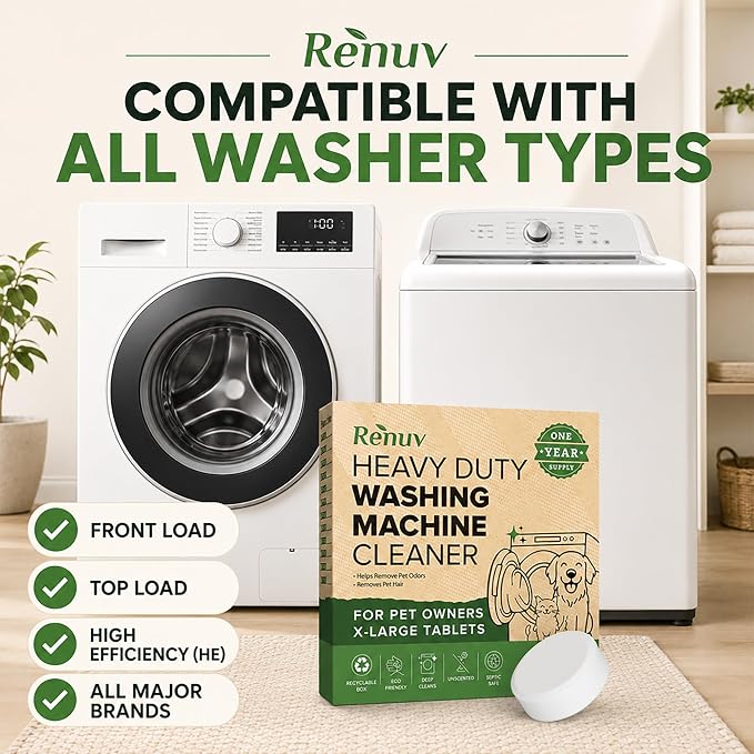 Renuv® Heavy Duty Washing Machine Cleaner For Pet Owners, 12 XL Tablets | For Dog & Cat Hair, Removes Stink, Odor, Residue, Grime, Front Load or Top Load Washer, HE and Septic Safe, 1 Year Supply