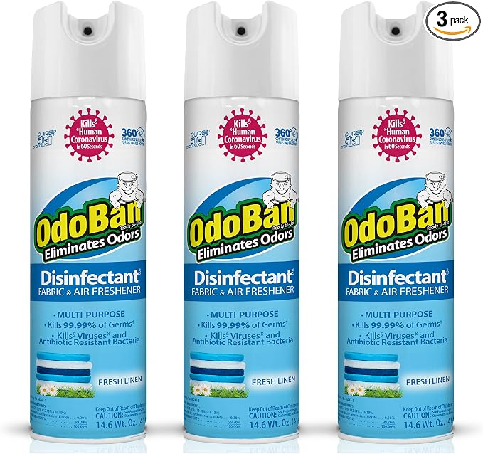 OdoBan Ready-to-Use 360-Degree Continuous Spray Disinfectant and Harsh Aroma Eliminator, Fabric and Air Freshener, 3 Pack, 14.6 Ounces Each, Fresh Linen Scent