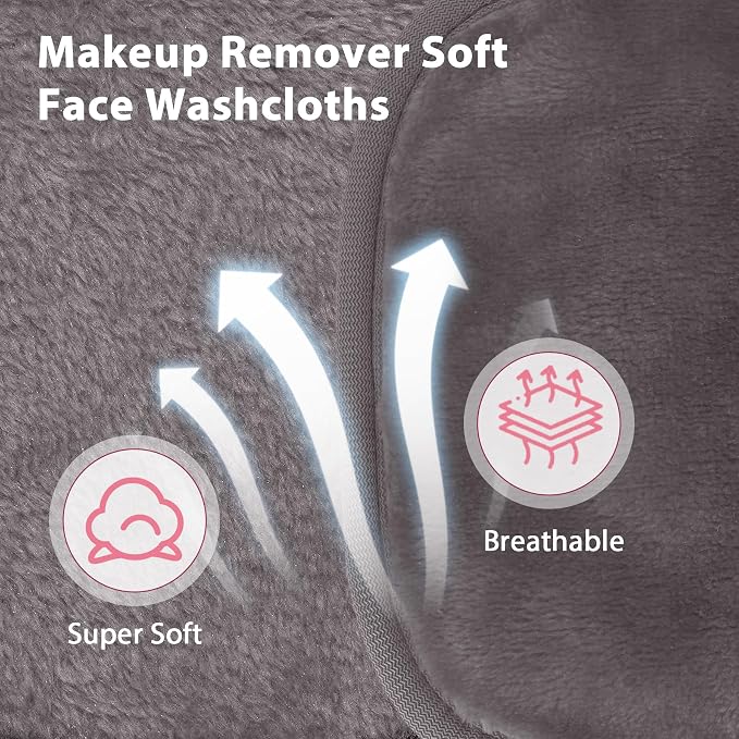 Natwag Makeup Remover Cloth, 6" x 6" Make Up Towels Reusable Face Cloth for Washing Face, Makeup Remover Pads Microfiber Face Washcloth with Mesh Bag, Just Water, 12 Pack, Cool Grey