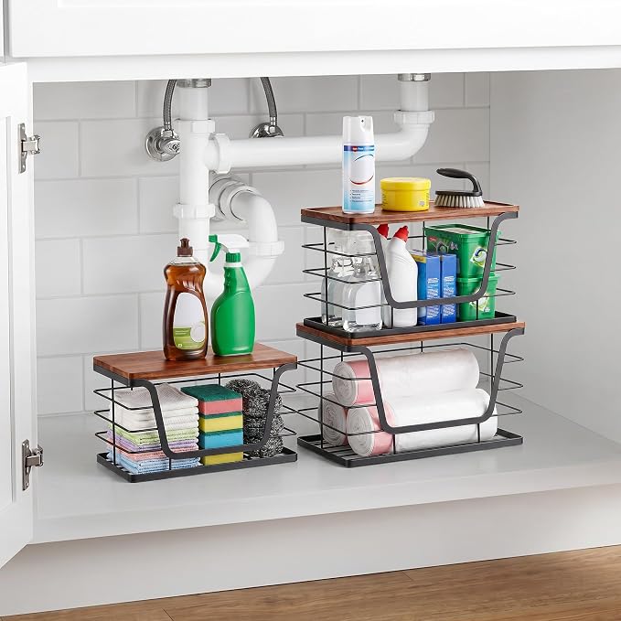 ALOCEO 3 Pack Stackable Storage Bins with Lids, Stainless Steel Trash Bag Dispenser Roll Holder for for Kitchen Sink, Laundry, Pantry Organizer and Storage, Walnut Black