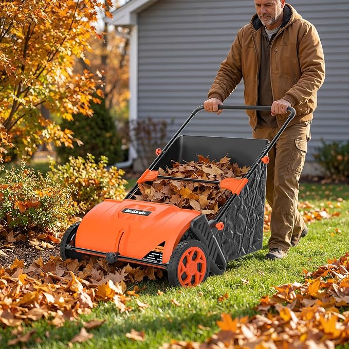 MAXLANDER 26-Inch Push Lawn Sweeper with 7 Cu.Ft. Large Collection Hopper, Manual Leaf & Grass Sweeper, Adjustable Rotating Brush Height for Lawn, Yard & Garden Cleanup Grass Catchers