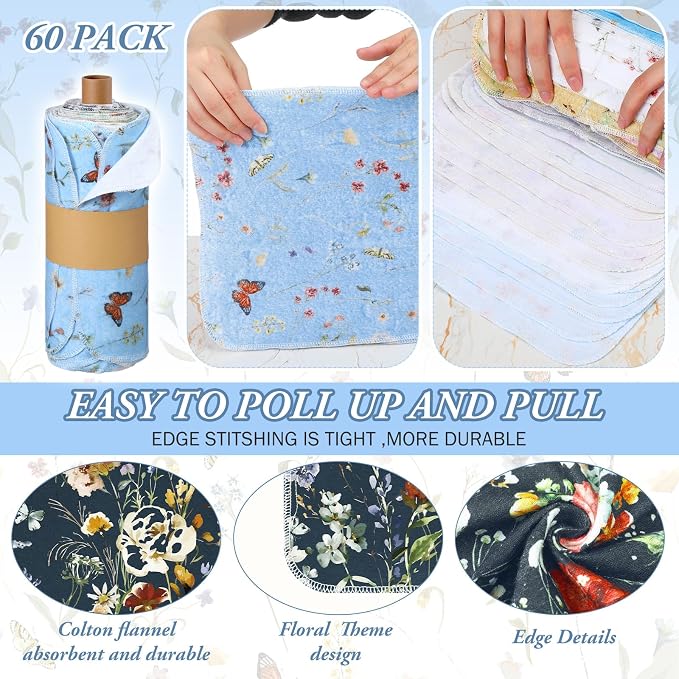 60 Pack Reusable Cleaning Cloths Washable Cotton Kitchen Dish Towels for Home Party Supplies Bulk, 9.84x11.81in (Rich Flowers)