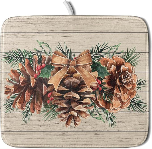 Winter Pine Cone Dish Drying Mat Holly Berries Dish Draining Mat Microfiber Washable Dish Drainer Rack Mat for Home Kitchen Counter 16"x18"