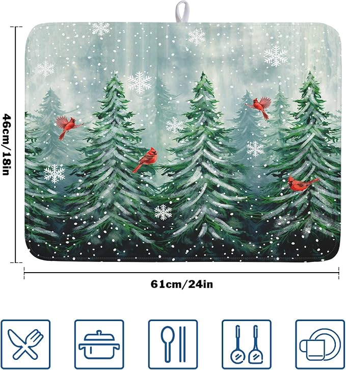 Winter Pines Tree Dish Drying Mats for Kitchen Counter, Christmas Tree Dish Mat Absorbent Reversible Microfiber Dish Drying Pad Winter Kitchen Drying Mat Dish Drainer Rack Mats for Coffee Bar 18"x24"