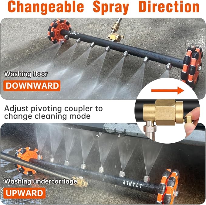 2-in-1 Can Move Horizontally Pressure Washer Undercarriage Cleaner Water Broom，23" Surface Cleaner Power Washer Attachment with 7 Nozzles 3 Extension Rods andSpare Wheel，4000 PSI