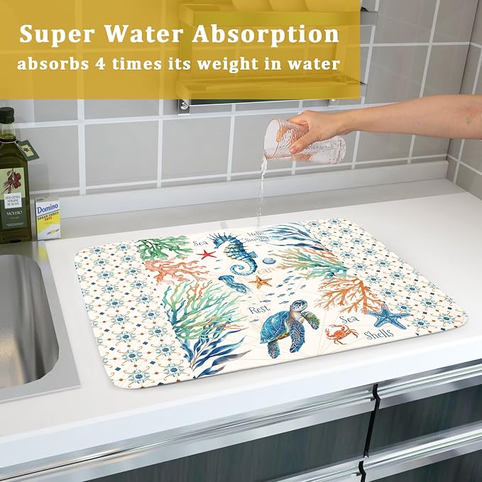 Giwawa Nautical Coastal Dish Drying Mat Sea Turtle Seahorse Dish Drainer Pad 18"x24" Microfiber Reversible Fast Dry Pad for Kitchen Counter Decor