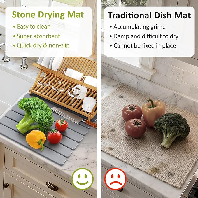 Large Stone Dish Drying Mat for Kitchen Counter, 24"(L)×16"(W), Collapsible Quick Dry Stone Dish Mats, Super Absorbent Diatomaceous Earth Drying Pad for Dishes Bottles Cups, Countertops (Light Grey)