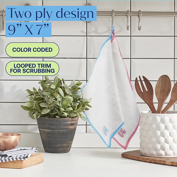 Fab Tab Viscose Made from Bamboo Cleaning Cloths Ultra Absorbent, Reusable Kitchen Cloths, Quick Drying, Non-Scratch, Color Coded Cleaning Cloths, Includes Coconut Sponge, Multicolor, 7-Pack