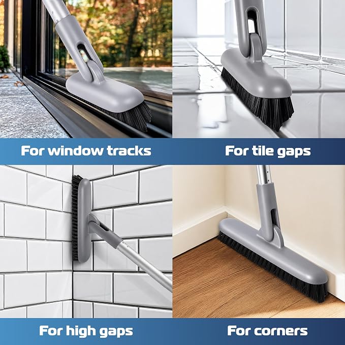 DSV Standard Grout Scrub Brush with Long Handle, 50'' Tile Grout Scrubber, V-Shape Crevice Cleaning Brush for Hard to Reach Areas, 180° Rotation Grout Cleaner for Tile Floors, Baseboards and Corners