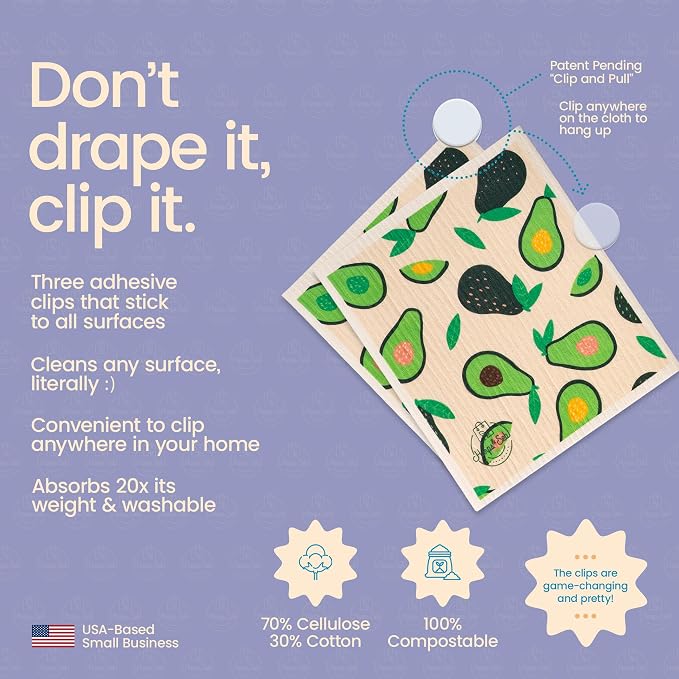 Harps&Seb Swedish Dishcloths for Kitchen Dishcloths - 6 Pack, Reusable Paper Towels with Clips, Super Absorbent Washable Non-Scratch Swedish Dish Towels, No Odor, Biodegradable