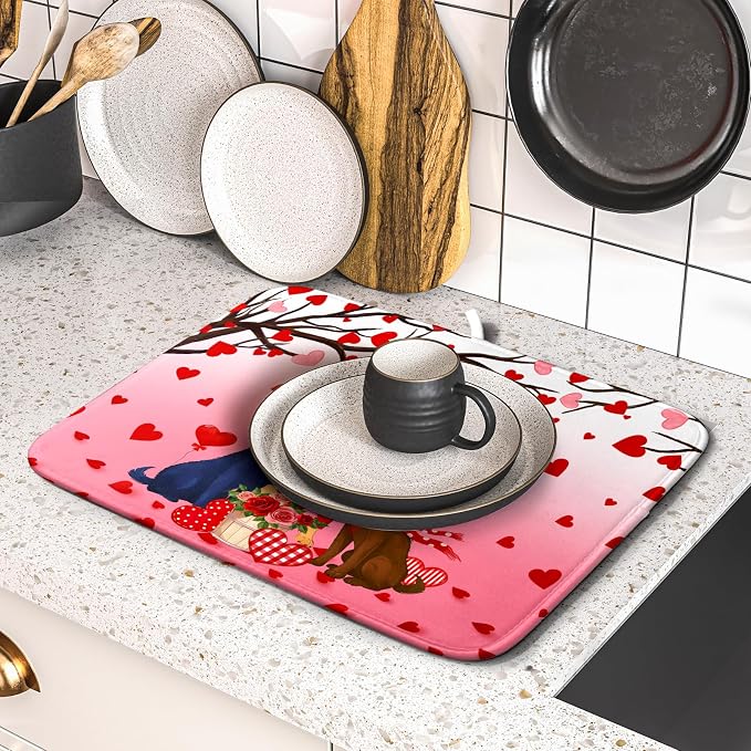 Love Dog Dish Drying Mat 16"x18" Red Heart Microfiber Dish Drainer Mat Hanging Loop Absorbent Fast Dry Pad Kitchen Counter Bar Accessories