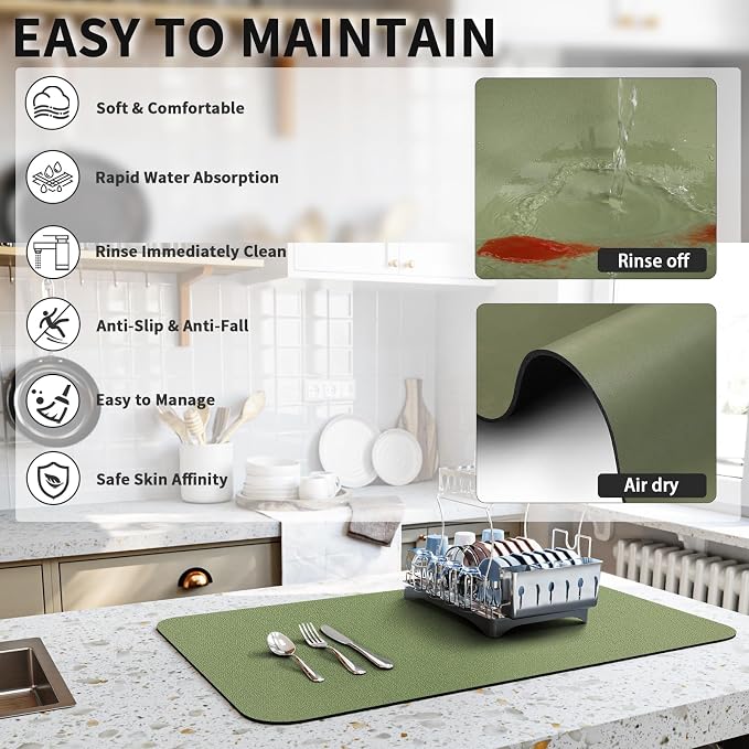 HotLive Dish Drying Mat for Kitchen Counter, Heat Resistant Drainer Mats with Non-slip Rubber Backed, Hide Stain Kitchen Super Absorbent Draining Mat, Easy to Clean Dish Rack Pad, Green 18"x24"
