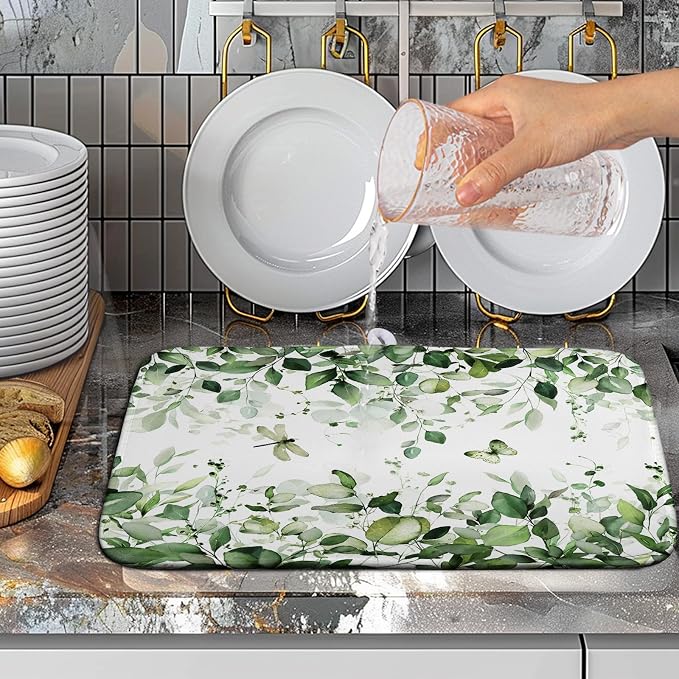 Sage Green Dish Drying Mat for Kitchen Counter Eucalyptus Leaves Plant Dishes Drying Mats Absorbent Microfiber Dish Drainer Mat Spring Summer Dish Drying Pad Medium Kitchen Accessories 16"x18"