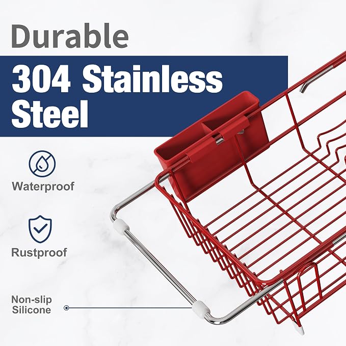 JASIWAY Red Dish Drying Rack in Sink with Mat, Expandable Stainless Steel Dish Drainers for Kitchen Counter, Space Saving Dish Dryer for Inside Sink, Over Sink Dish Racks with Utensil Holder