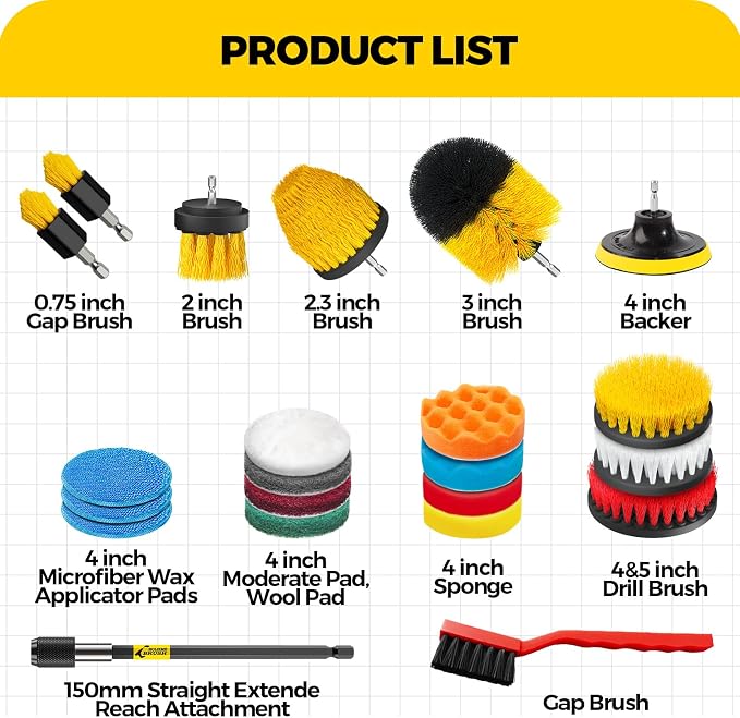 Holikme 22Pack Drill Brush Attachments Set,Scrub Pads & Sponge, Buffing Pads,Power Scrubber Brush,Car Polishing Pad Kit,Wax Applicator Pad,Car Cleaning Kit,Masonry Brushes,Cleaning Supplies | Buffing Sponges, Nylon Grout Tools, Microfiber Wax Pads, Til...