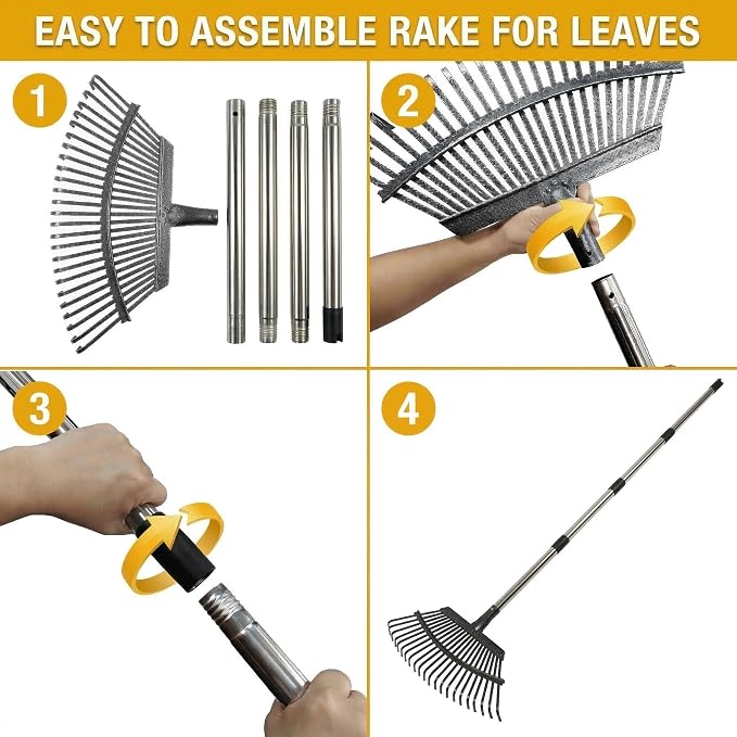 Metal Bow Leaf Rake with 25 Steel Teeth & 68" Stainless Steel Handle | 20" Wide Head, 3 Height Settings, Dethatching & Lawn Care, For Leaves Debris & Mulch, Tool-Free Assembly, Easy Storage
