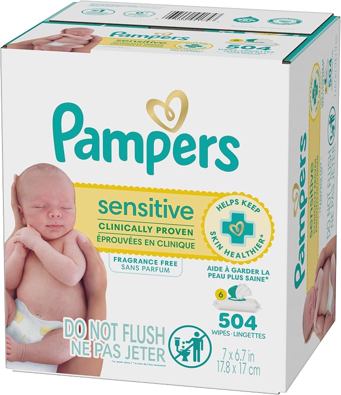 Pampers Sensitive Baby Wipes, Clinically Proven, Fragrance Free, Unscented, Water Based, Hypoallergenic, Multi-Use, Hand Wipes 504 Wipes Total (6X Flip-Top Packs) [Packaging May Vary]
