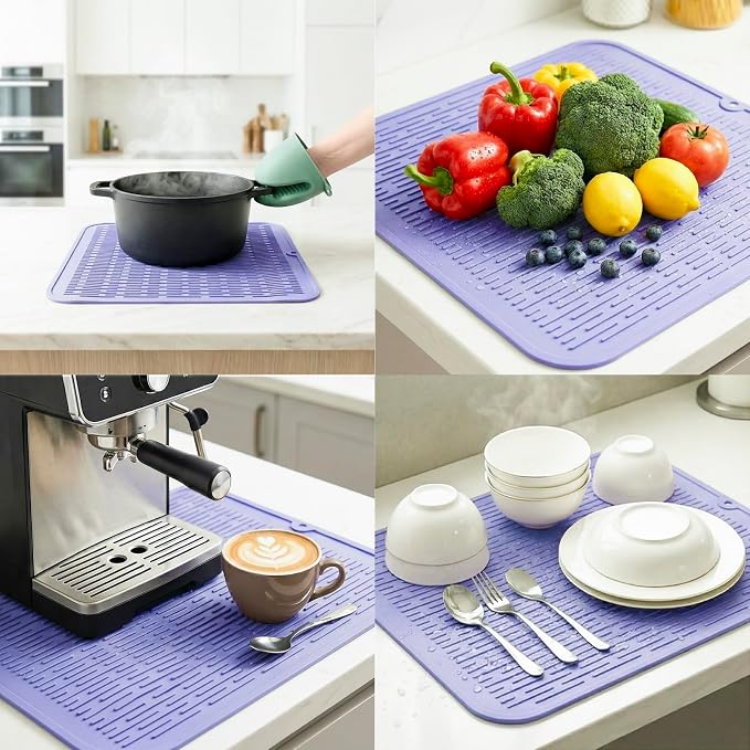 MicoYang Silicone Dish Drying Mat for Multiple Usage,Easy clean,Eco-friendly,Heat-resistant Silicone Mat for Kitchen Counter or Sink,Refrigerator or Drawer Liner Light Purple XL 18 inches x 16 inches