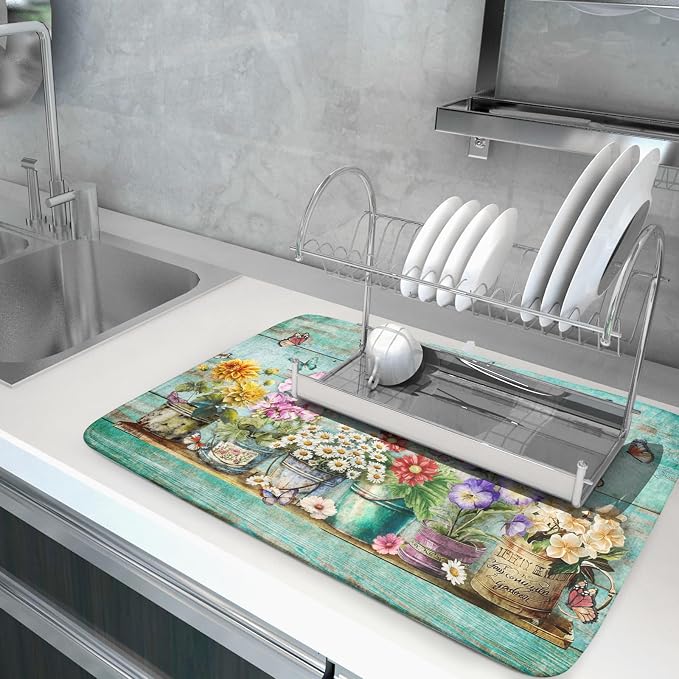 Spring Floral Rustic Dish Drying Mat for Kitchen Counter Absorbent Microfiber Large Drying Pad 18 x 24 Inch Flowers Jars