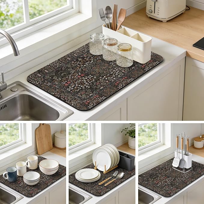 Vintage Floral Dish Drying Mat 12x20 Inch, Dish Mat Drying Kitchen Mats for Extra Large Absorbent Countertop, Aesthetic Boho Drying Matt Kitchen Counter Washable Heat Resistant Dish Drainer Rack Mat