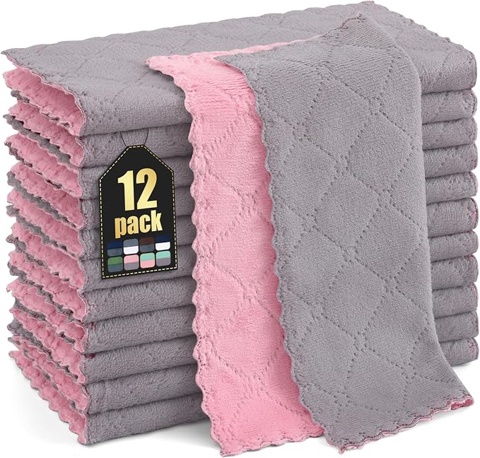 Homaxy 12 Pack Kitchen Cloths Dish Towels (10" x 10", Grey & Pink), Super Soft and Absorbent Dish Cloths, Coral Velvet Microfiber Cleaning Cloth, Nonstick Oil Fast Dry Dishcloths