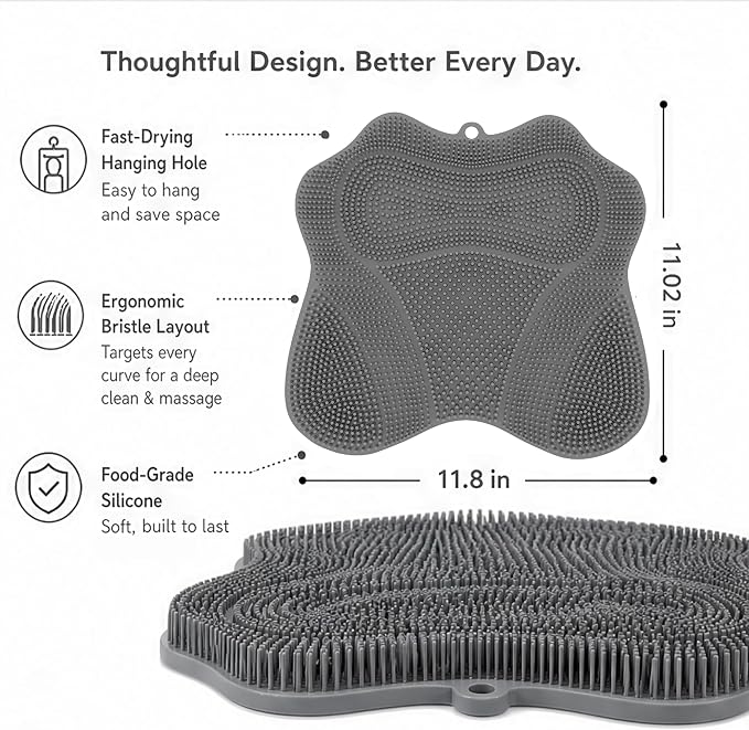 Dual-Sided Silicone Shower Foot Scrubber Mat – Foot Scrubber in Shower for Deep Cleaning & Exfoliation | Wall-Mounted Shower Foot Scrubber Mat & Back Cleaner for Men and Women (Grey, Standard)